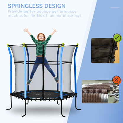 63" Kids Trampoline Mini Indoor Bouncer Jumper with Enclosure Net Elastic Thick Padded Pole Gift for Child Toddler Age 3-6 Years Old Blue