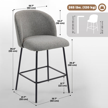 Set of 2 Counter Height Barstools, Upholstered Linen Bar Stools with Backrest, Footrest and Steel Legs, Dark Grey
