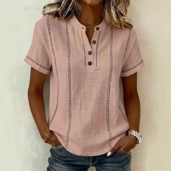 Summer Striped Short-Sleeve Shirts Casual Stand-Collar V-neck Button Blouse Womens Clothing