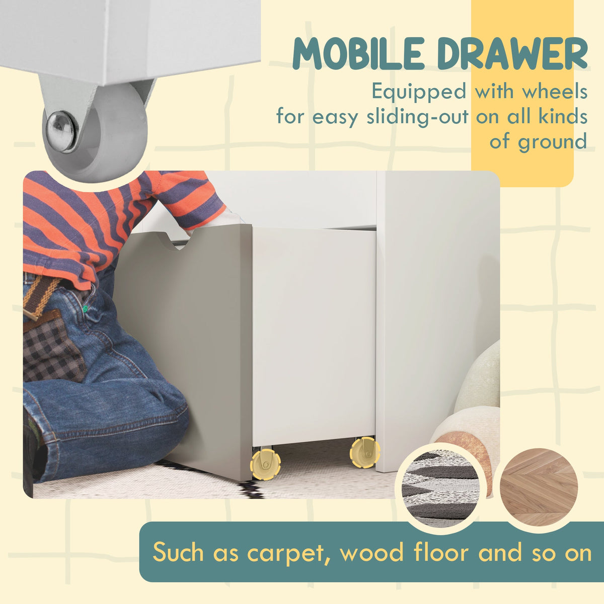Kids Bookshelf with 3 Tier Display Shelves, Drawer for Nursery, Grey