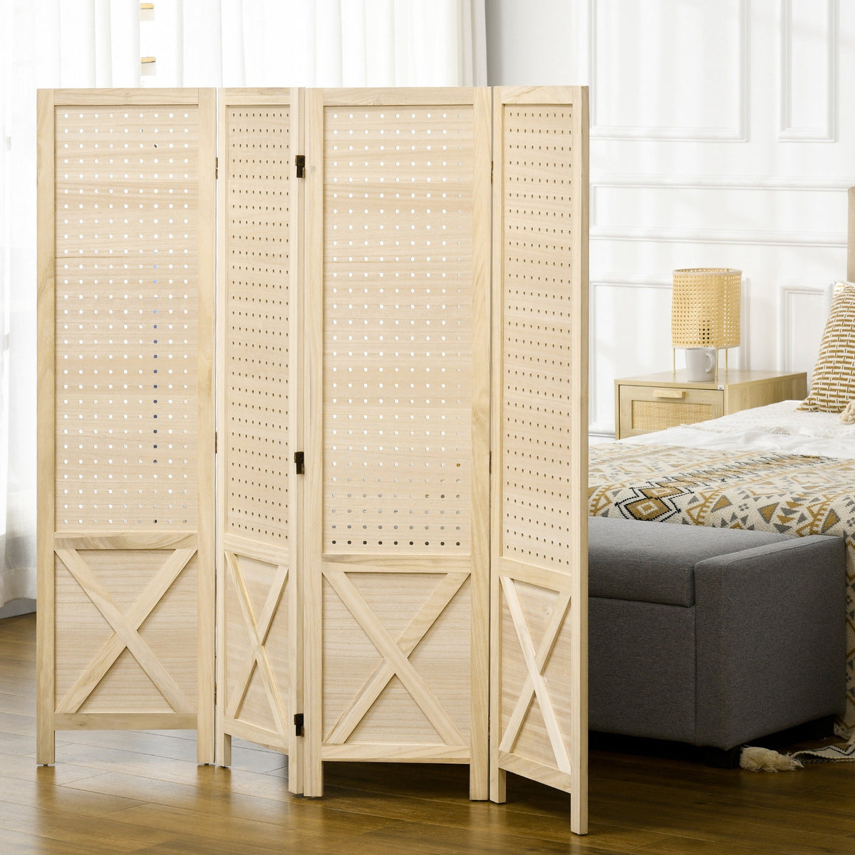 4.7' 3 Panel Wooden Room Divider with Pegboard Display, Folding Privacy Screen for Home Office, Natural