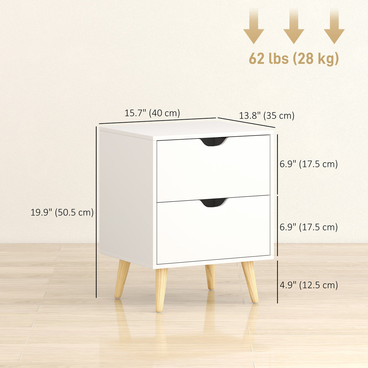 Modern Bedside Table, Nightstand with 2 Drawers and Pine Wood Legs for Bedroom, Living Room, White