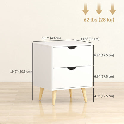 Modern Bedside Table, Nightstand with 2 Drawers and Pine Wood Legs for Bedroom, Living Room, White