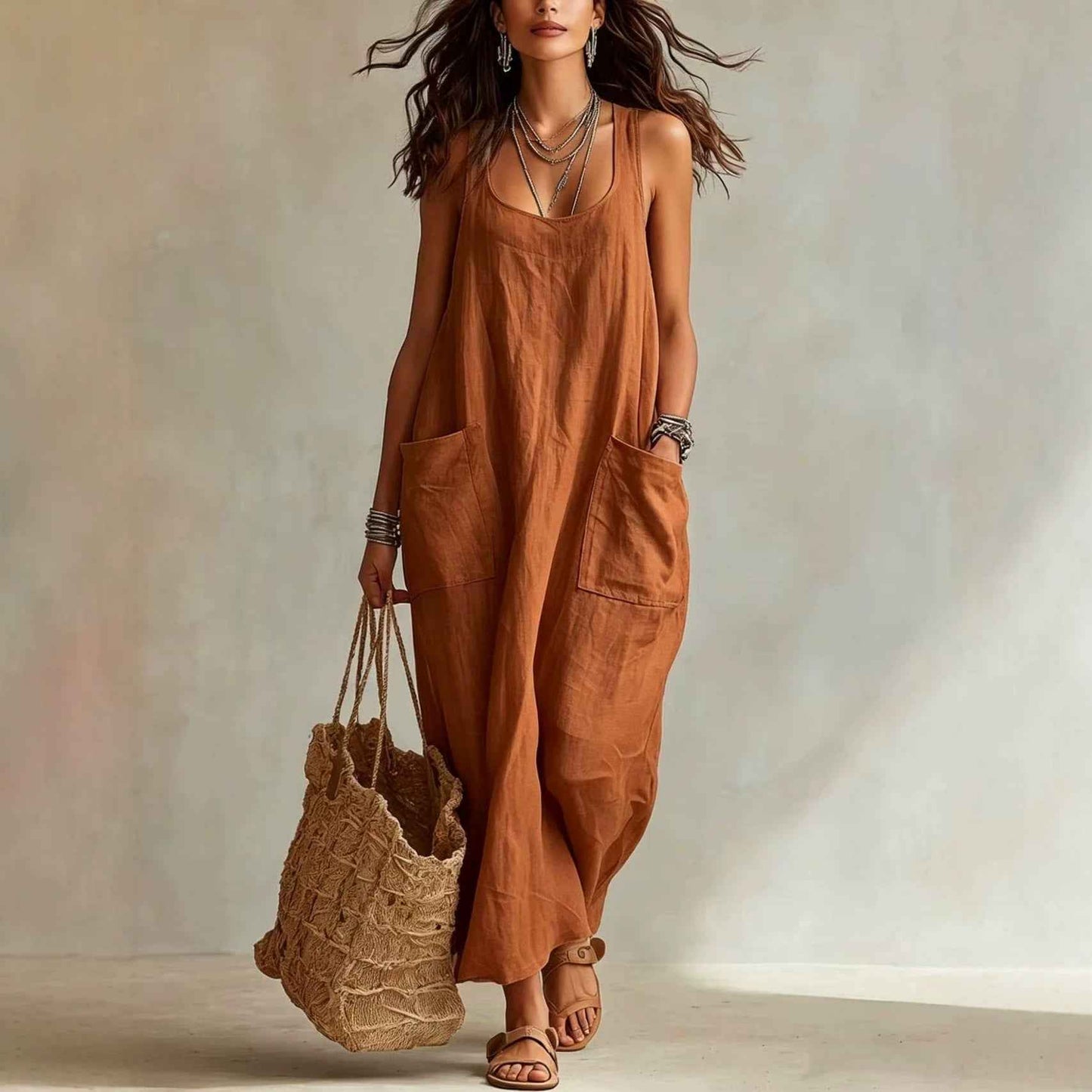Elegant Casual Long Slip Dress With Pockets