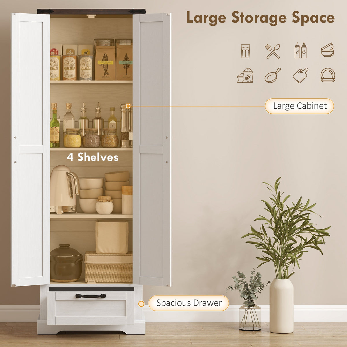 71" Pantry Cabinet, Kitchen Storage Cabinet with Adjustable Shelves, 2 Doors and Drawer for Dining Room, Black