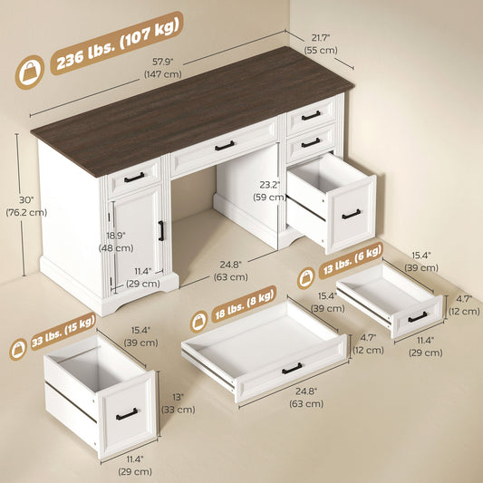 58" Home Office Desk with Soft-Close Drawers, Farmhouse Executive Desk with File Drawer for Letter Size, White