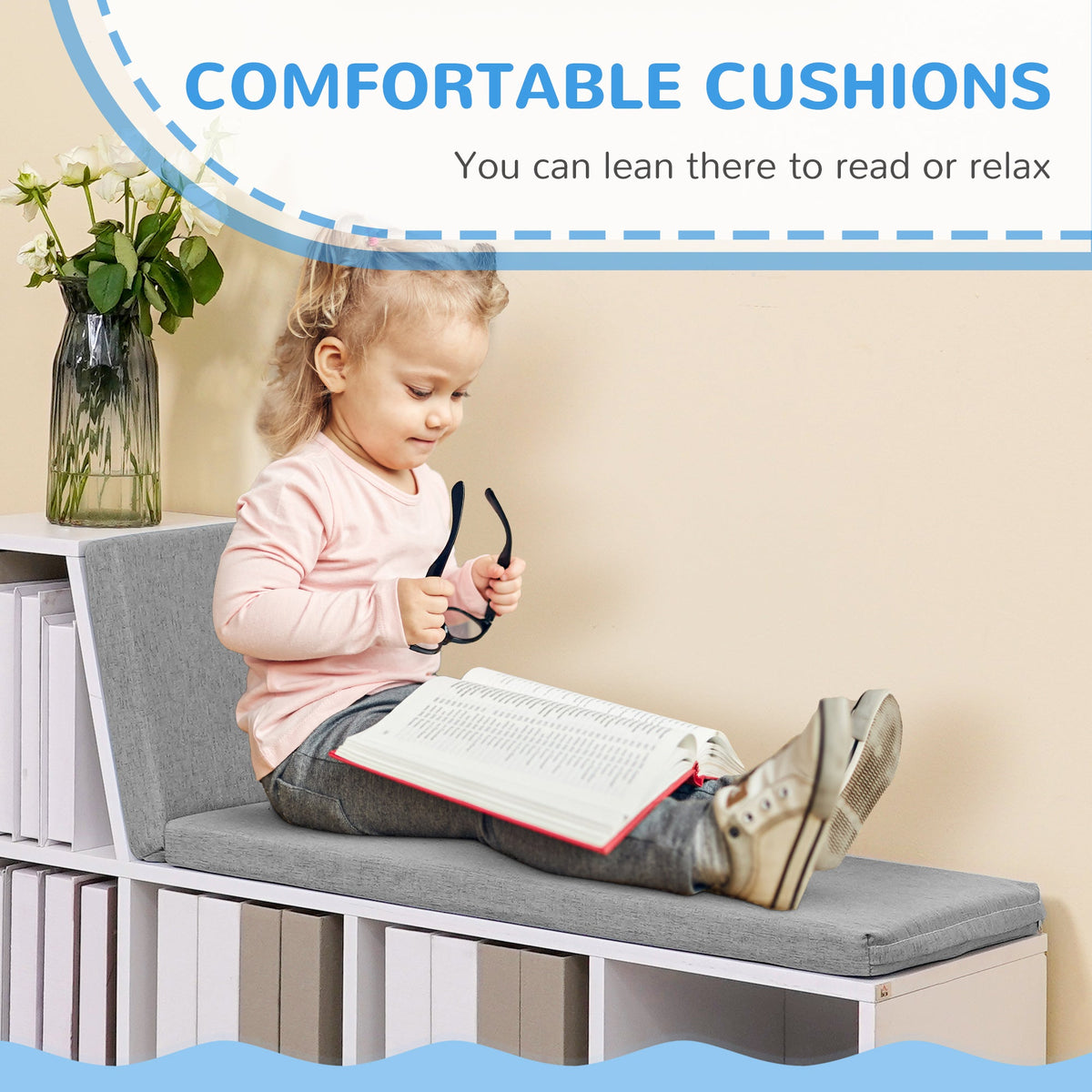 Multi-Purpose Bookshelf with 5 Cubes, 5-Cubby Bookcase with Cushioned Reading Nook and Storage Shelves, Blue
