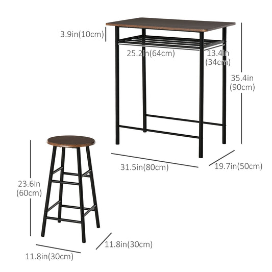 3 Piece Counter Height Bar Table Set with 1 Table, 2 Matching Stools, Dining Table Set with Storage Shelf and Metal Frame Footrest, Black and Oak