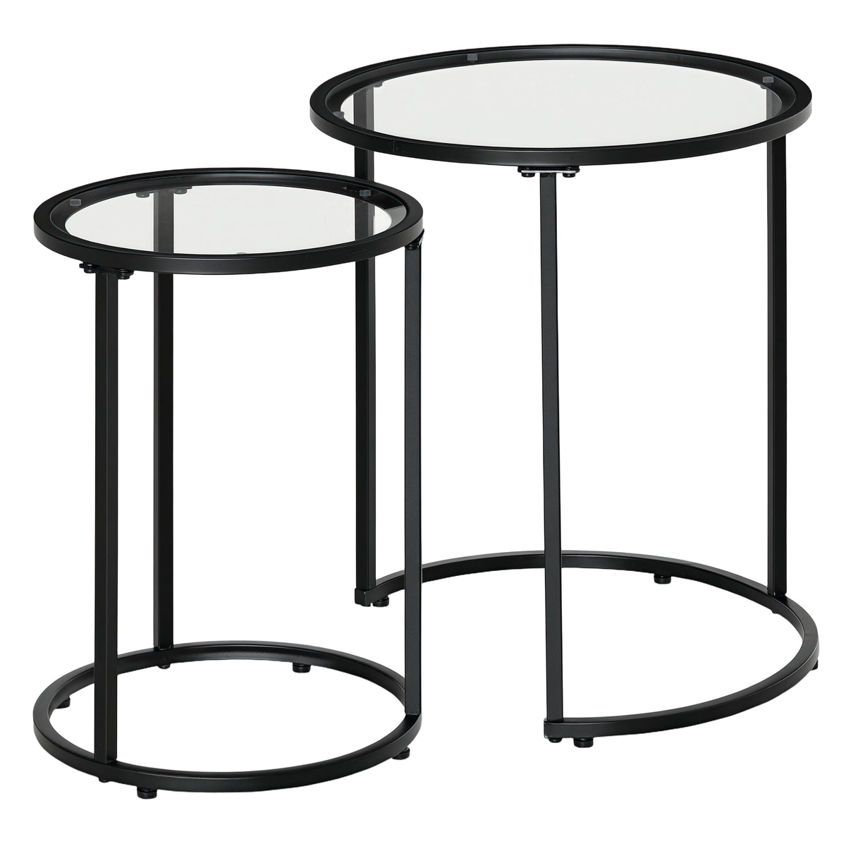 Set of 2 Nesting Coffee Tables with Metal Base, Round Side Table with Tempered Glass Tabletop for Living Room, Bedroom, Black