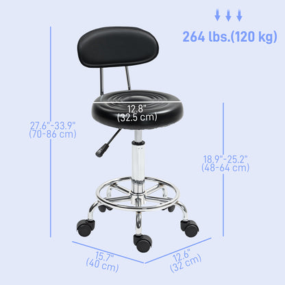 Adjustable Stool, Rolling Stool, 360° Rotate, with Backrest and Wheels, Black