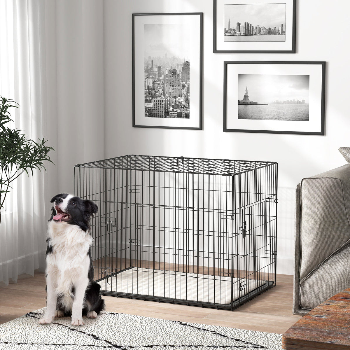 24" Dog Crate with 2 Doors, Folding Metal Dog Cage with Soft Cushion, Removable Tray, Handle for Extra Small Dogs, Black