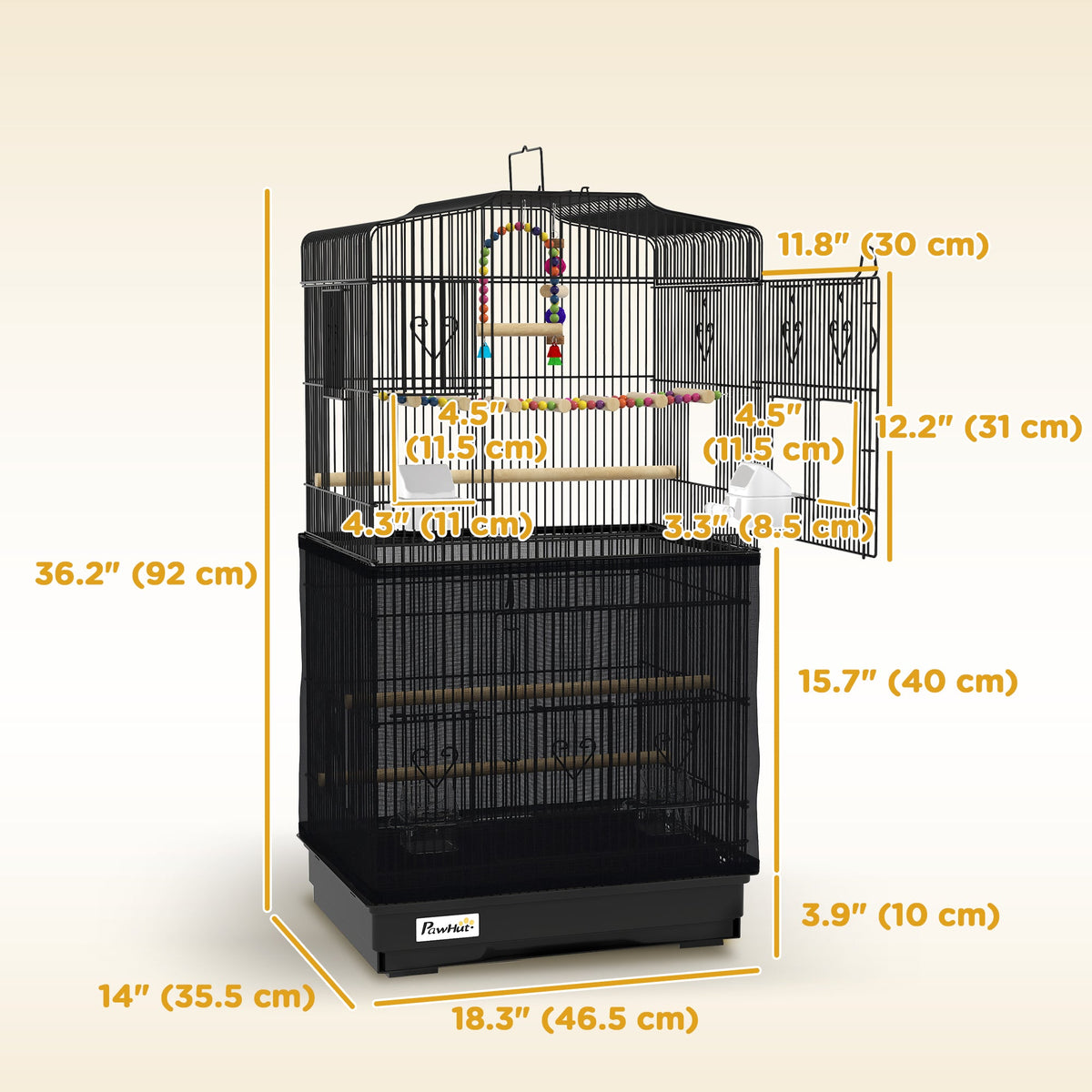 36" Bird Cage with Accessories, Handle, Mesh Cover, Tray, Black