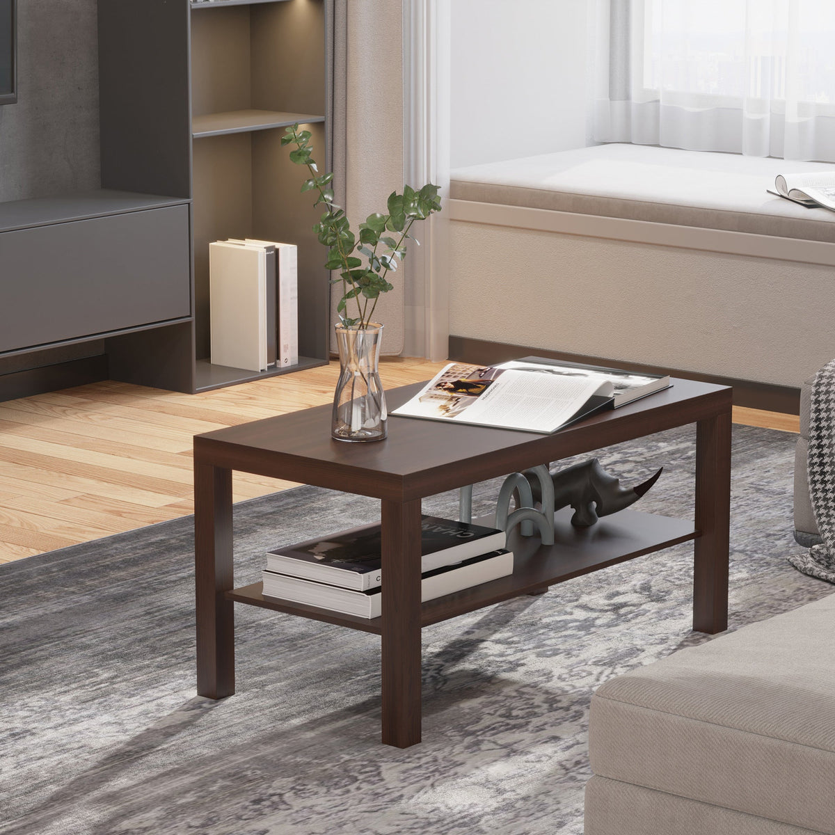 2 Tier Coffee Table with Storage Shelf, Rectangular Center Table for Living Room, Home Office Furniture Walnut