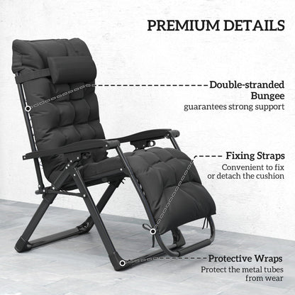Folding Garden Chair, Reclining Zero Gravity Chair, Sun Lounger with Cushion and Headrest, Black