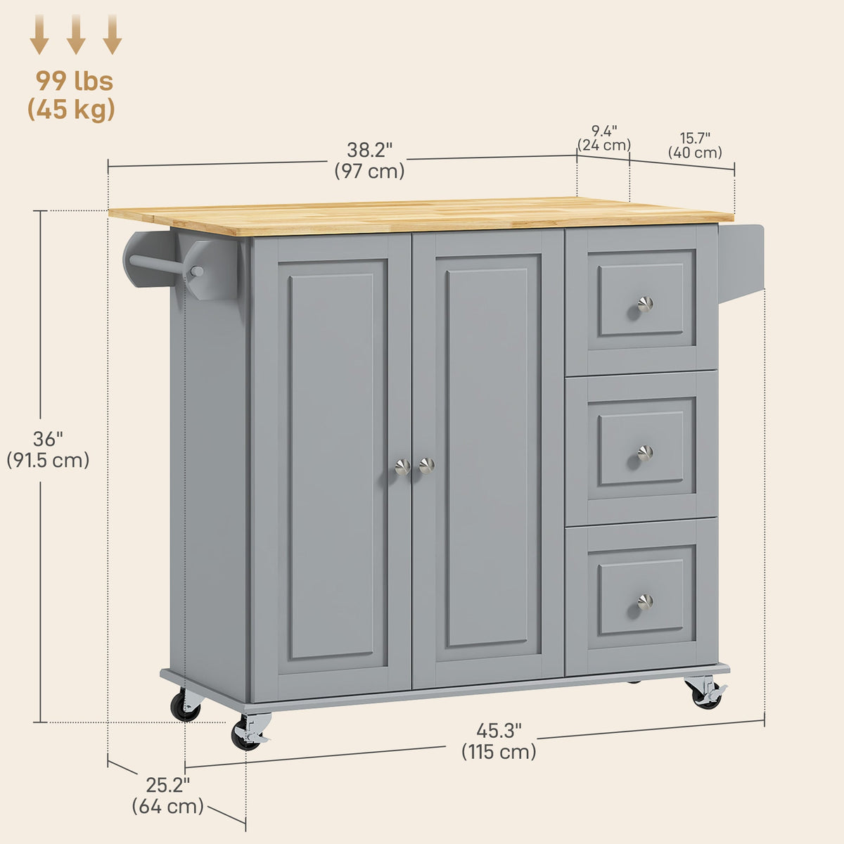 Kitchen Island on Wheels, Kitchen Cart with Drop Leaf, Drawers, Grey