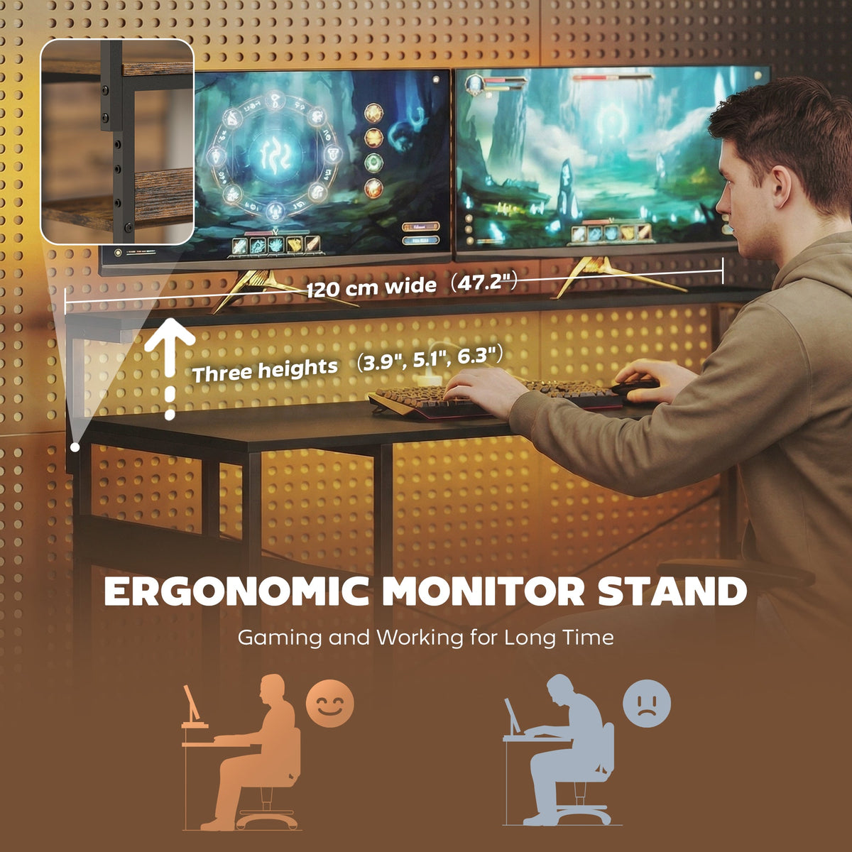 Gaming Desk with Power Outlets LED Lights Computer Desk with Drawers Monitor Stand 61" Black