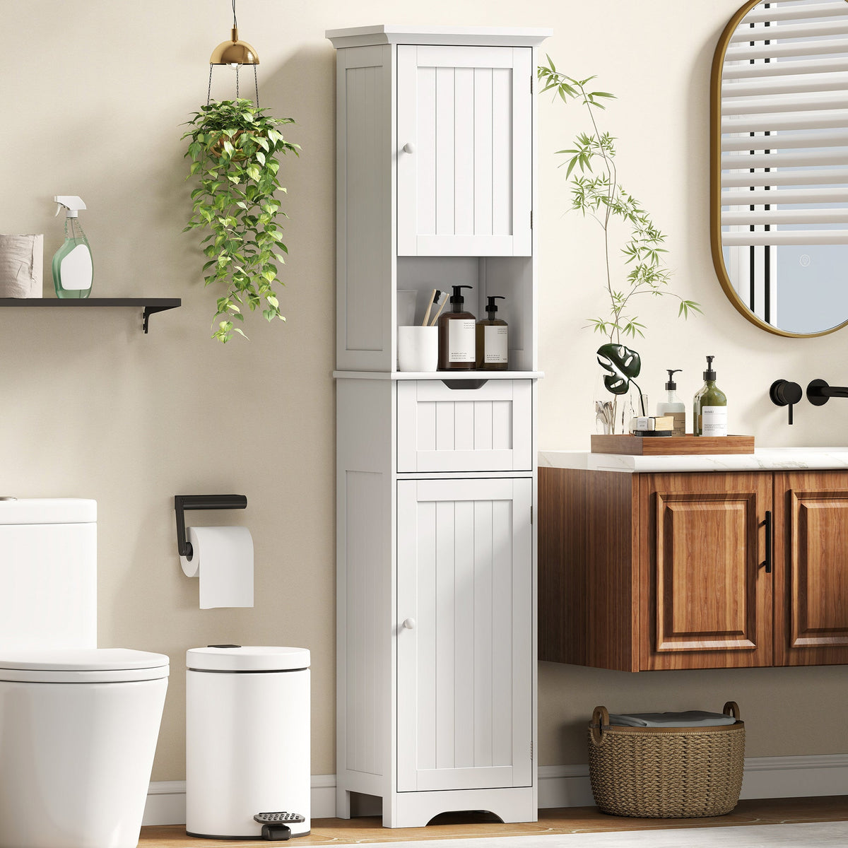 67" Tall Bathroom Storage Cabinet, Narrow Bathroom Cabinet with LED Light, Adjustable Shelf, Open Compartment, Drawer