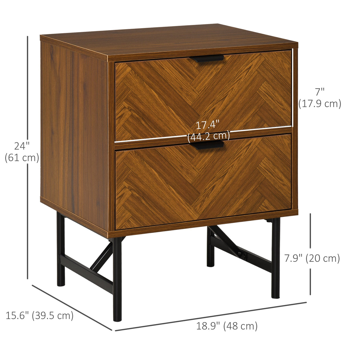 Erik Nightstand with 2 Drawers and Steel Legs-Walnut Brown
