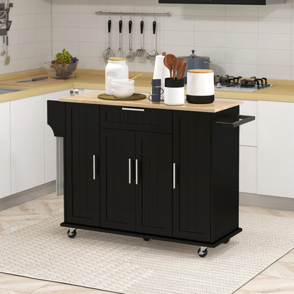 Modern Rolling Kitchen Island Cart with Drawers, Natural Wood Top, Towel Rack, Door Storage Cabinet, Black