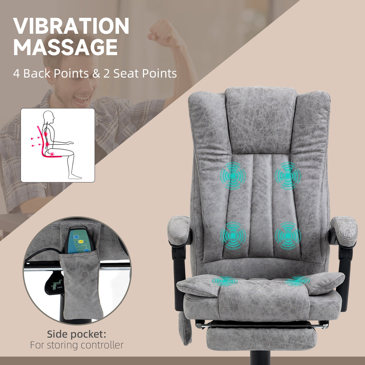 Office Chair 6-point Vibration Massage Chair Micro Fiber Recliner with Retractable Footrest Black