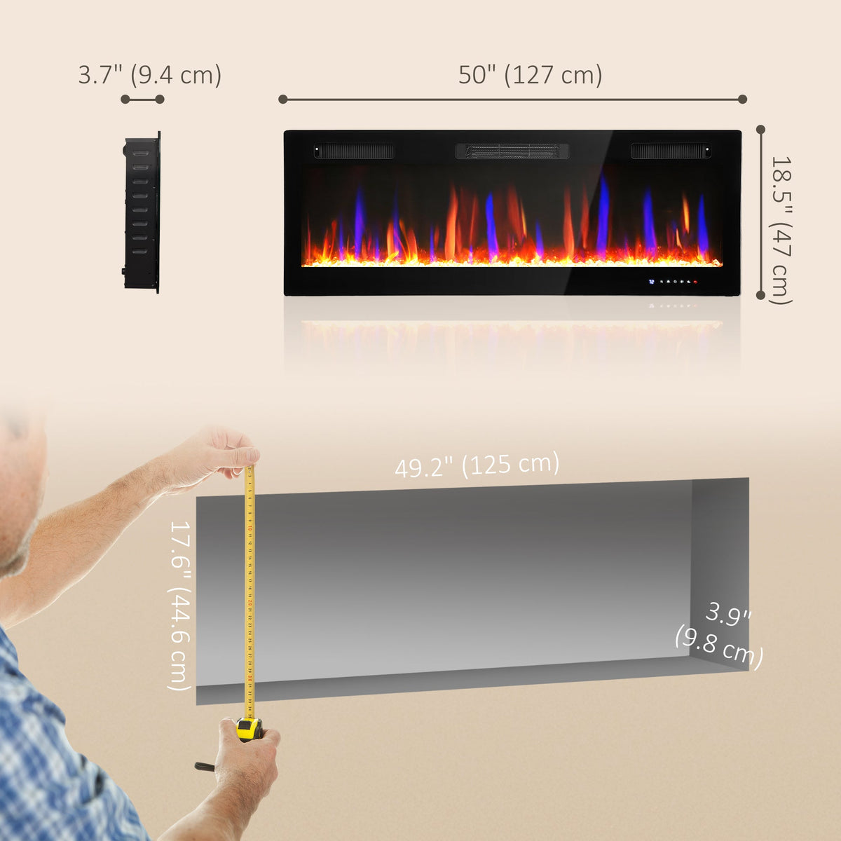 Marley 50" Thin Freestanding/Wall Mounted Electric Fireplace Heater with Eco Mode