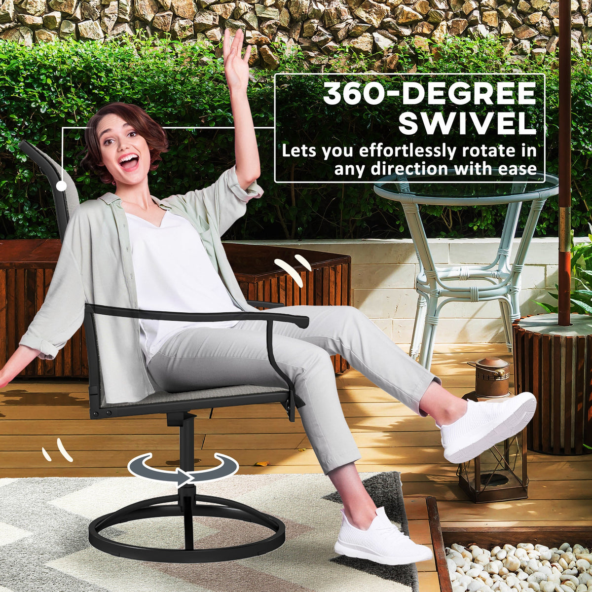 Outdoor Swivel Dining Chairs Set of 2, High Back Swivel Chairs with All Weather Mesh for Deck, Backyard, Poolside, White