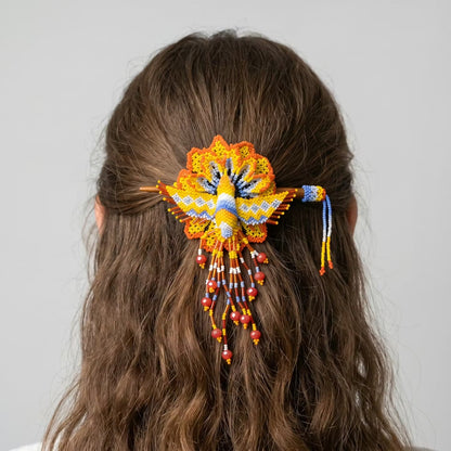 Maple Blossom Hummingbird Beaded Hair Stick Barrette Yellow