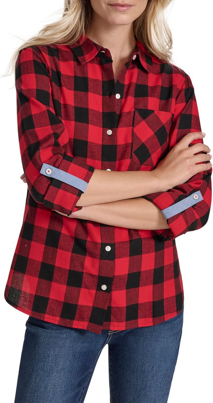 Nautica Jeans Women's Lake Check Roll-Tab-Sleeve Button-Up Shirt