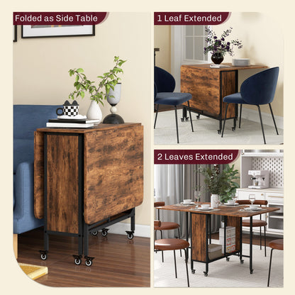 Folding Dining Table, Extendable Kitchen Table for Small Spaces with Storage Shelf and 6 Wheels, Distressed Grey