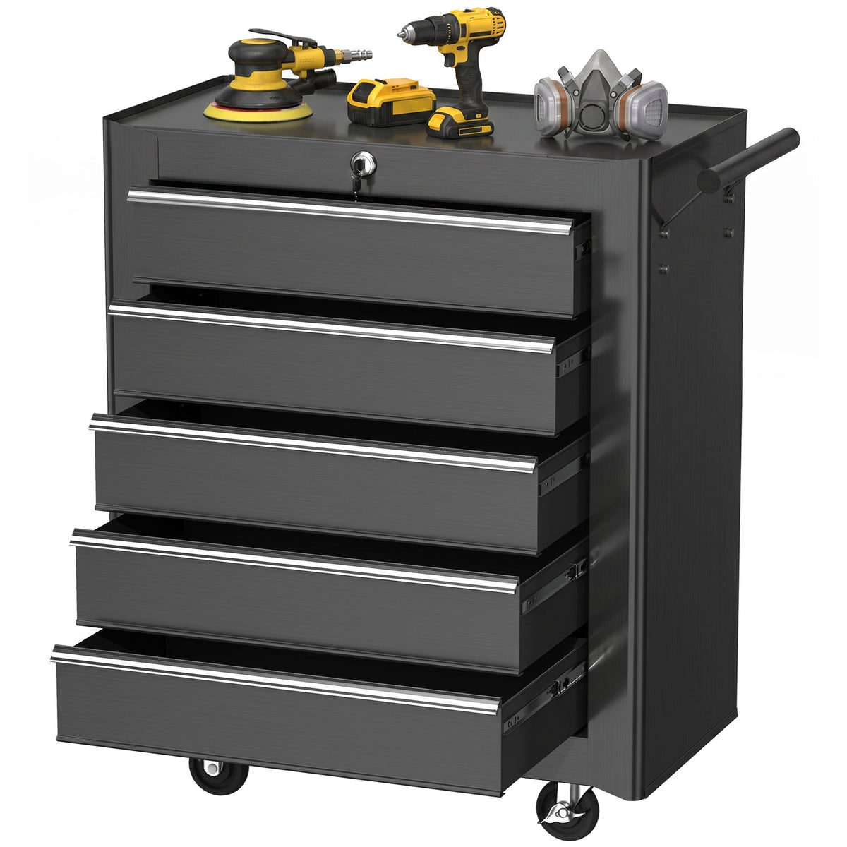 5 Drawer Roller Tool Chest, Lockable Toolbox, Storage Organizer with Handle for Workshop Mechanics Garage, Black and Red