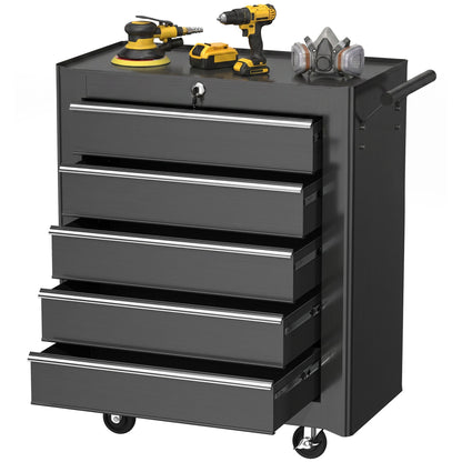 5 Drawer Roller Tool Chest, Lockable Toolbox, Storage Organizer with Handle for Workshop Mechanics Garage, Black and Red