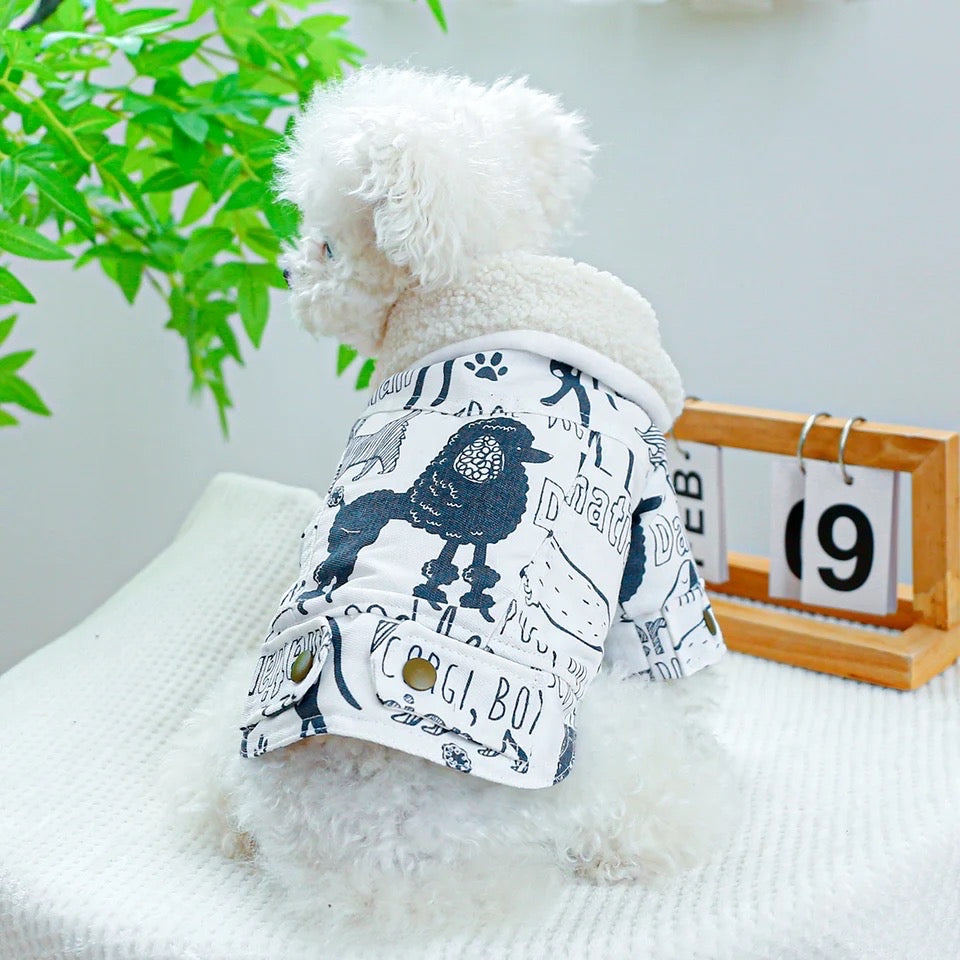 Sketch Print Dog Coat | Warm Dog Coat with Fur Trim