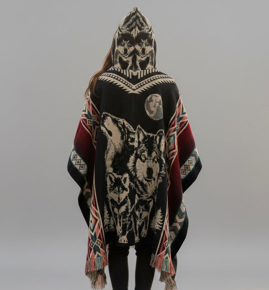 Wolf w/puppy wolf HandMade Wool Poncho