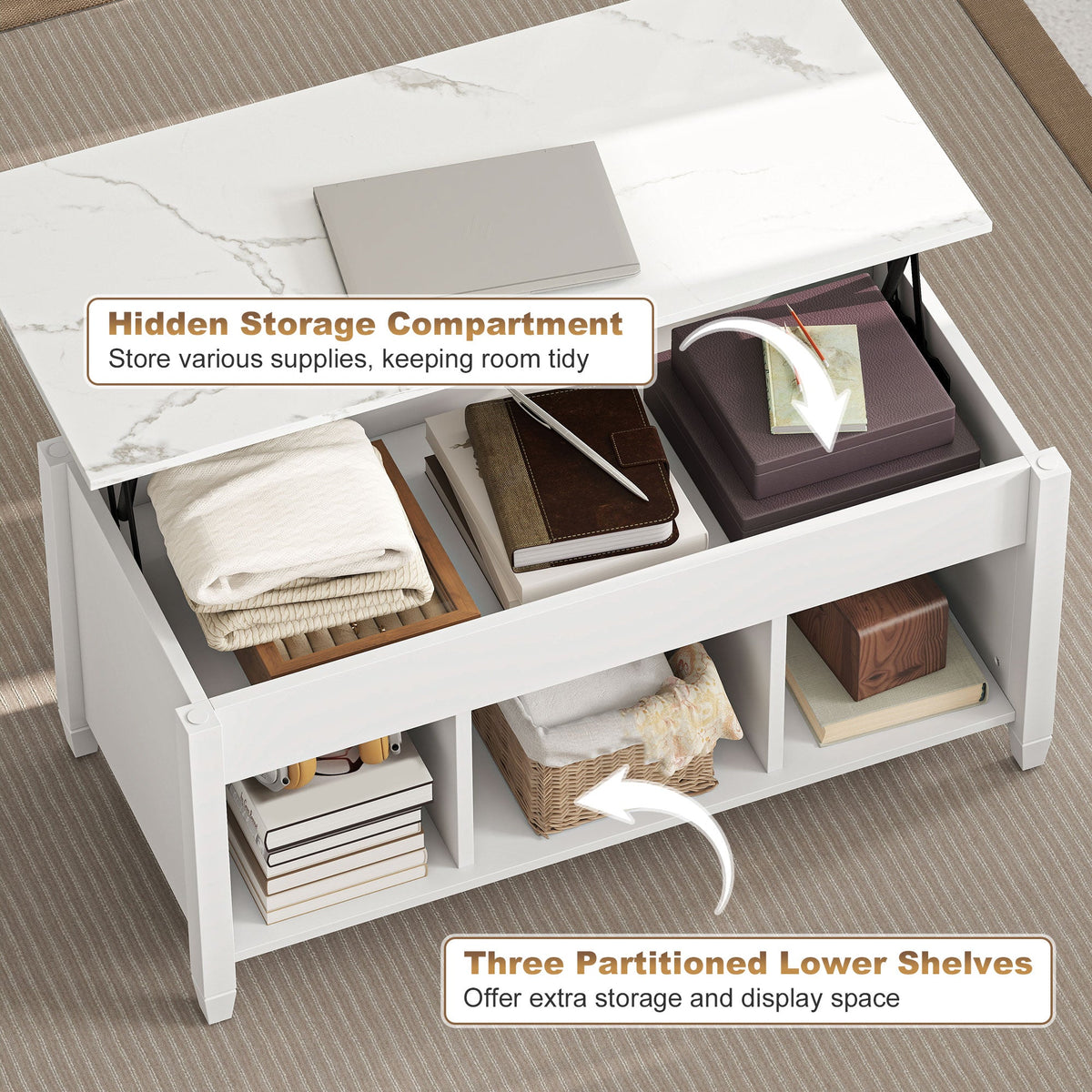 Lift Top Coffee Table, Modern Center Table with Storage Shelves and Hidden Compartment for Living Room, 41" L, Espresso