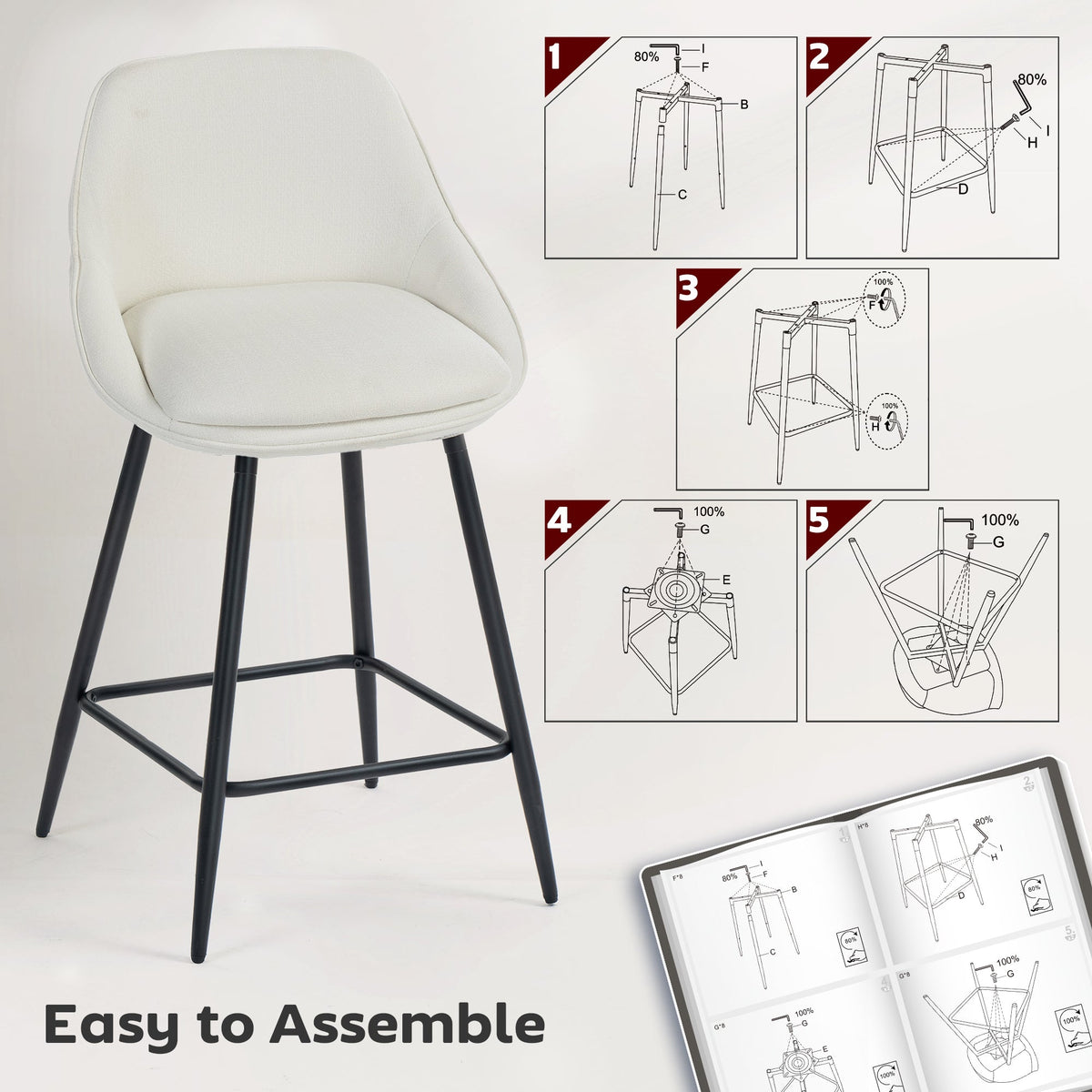 26" Counter Height Barstools Set of 2, Upholstered Swivel Bar Stools with Backrests and Armrests, Dark Grey