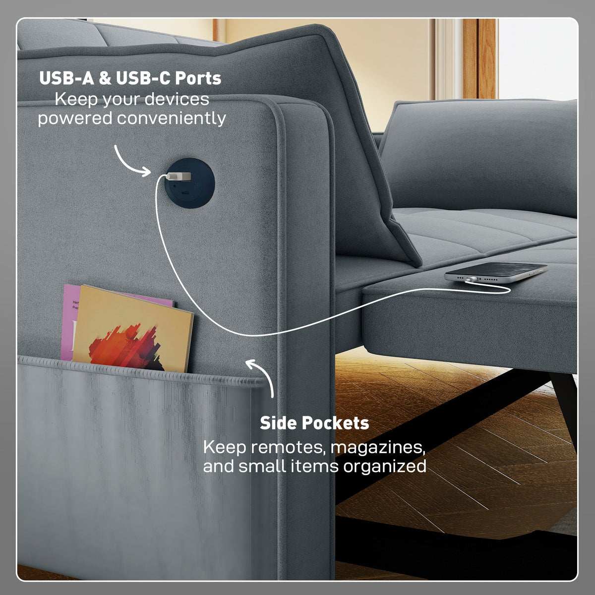 3‑in‑1 Convertible Sofa Bed, Pull Out Sleeper Sofa with USB Charging, Adjustable Backrest, Side Pockets, Beige