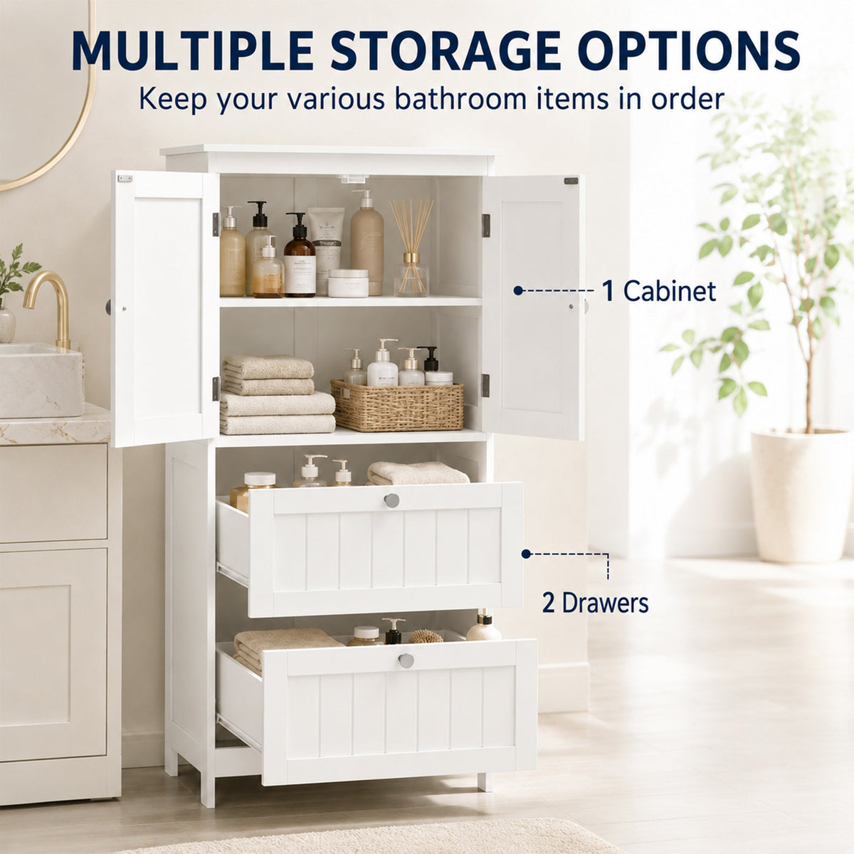 Bathroom Storage Cabinet, Narrow Bathroom Cabinet with 2 Drawers, Adjustable Shelf for Living Room, Entryway, White