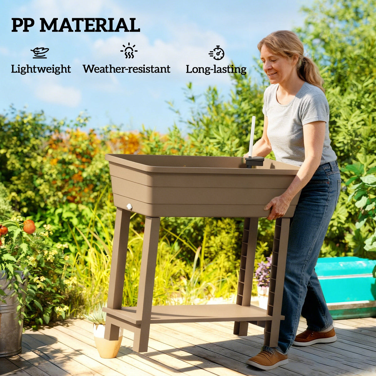 41L Self Watering Raised Garden Bed w/ Ventilation Transparent Lid Greenhouse, Planter Box w/ Storage Shelf, Black