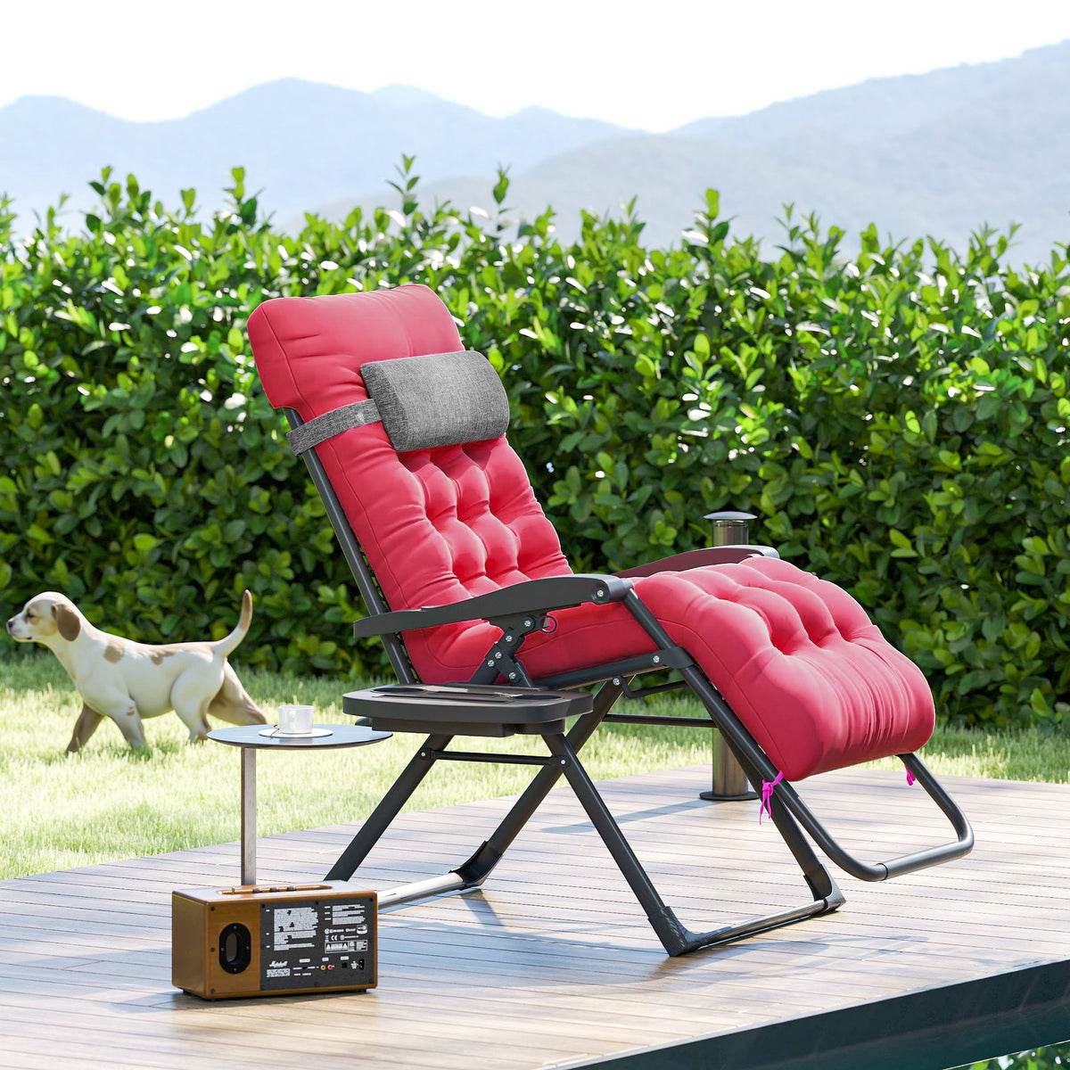 Padded Folding Recliner Chair, Patio Lounger with Cupholder, Adjustable Backrest, Removable Cushion, Black