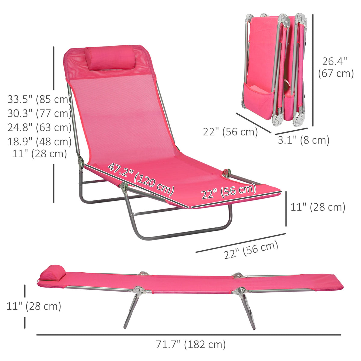 Set of 2 Folding Chaise Lounge Chairs, Outdoor Poolside Sun Tanning Chairs w/ Pillow, Reclining Backrest, Blue