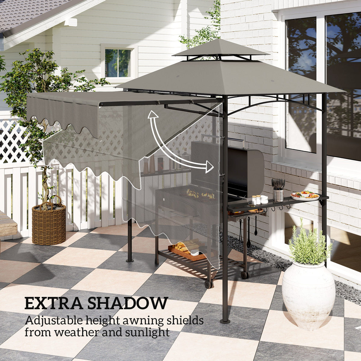 8' x 7.6' Grill Gazebo, Double Tiered Barbecue Grill Gazebo Shelter w/ Side Awning, 2 Side Shelves, 6 Hooks, Beige