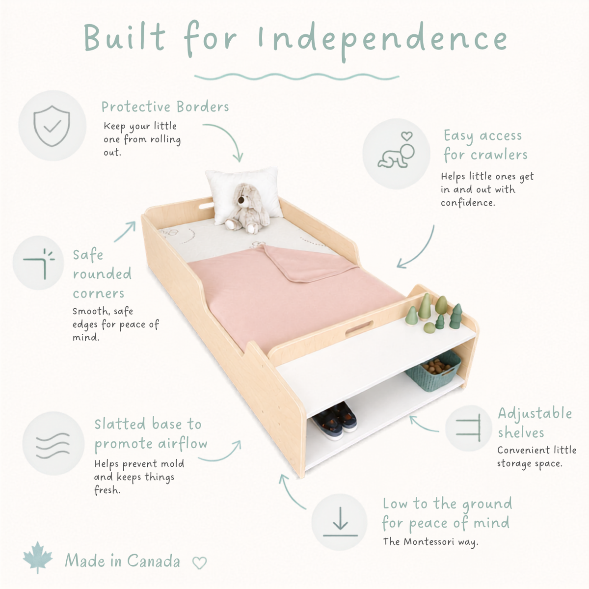 APPLE CRIB - Montessori Floor Bed with Rails & Shelves