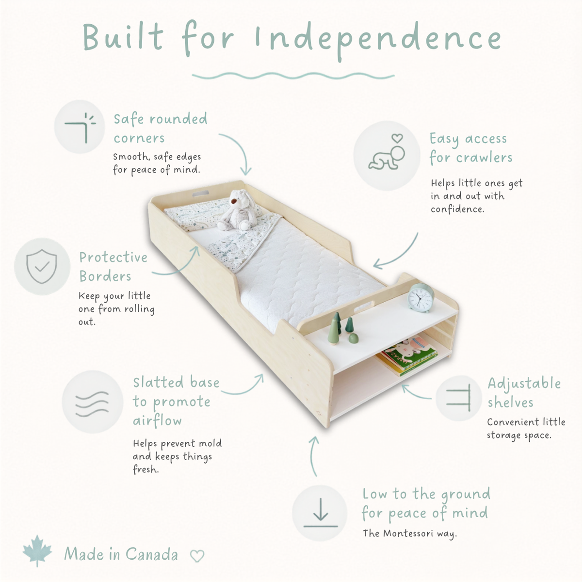 APPLE JUNIOR - Montessori Floor Bed with Rails & Shelves