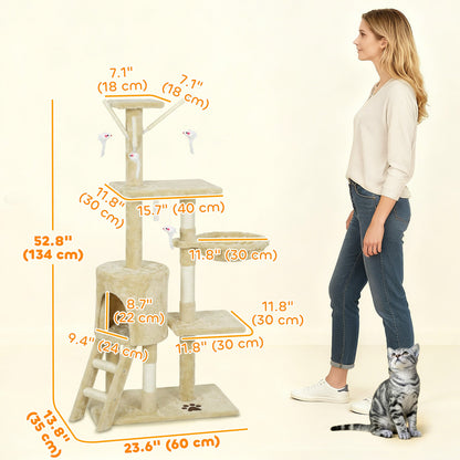 53" Cat Tree Tower, Kitten Activity Centre with Scratching Posts, Condo, Perches, Ladder, Hammock, Dangling Toys, Grey