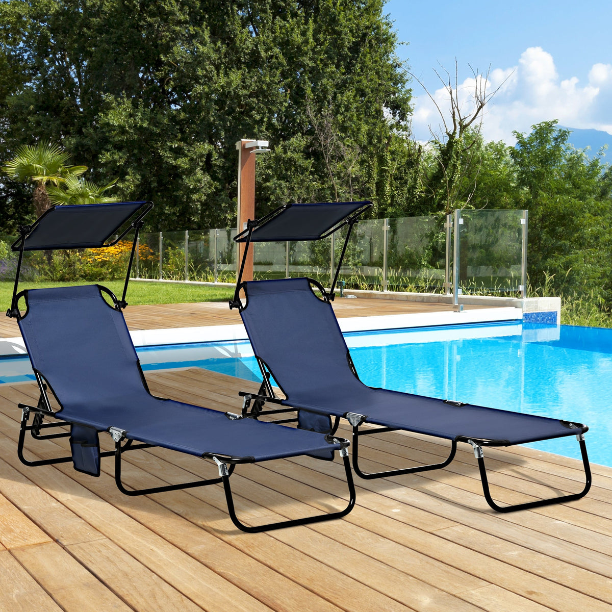 2 Piece Folding Outdoor Chaise Lounges, Pool Tanning Chairs with Reclining Back, Sunshade for Beach, Patio, Dark Grey