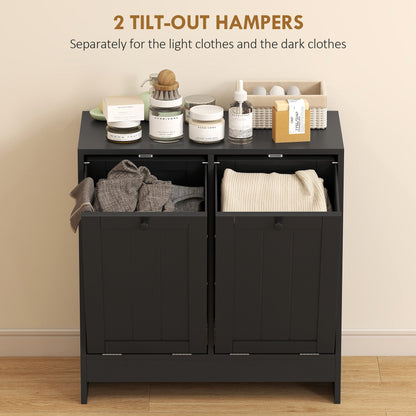 Tilt-Out Laundry Storage Cabinet, Modern Laundry Hamper with 2 Compartments for Bathroom Washroom, Black
