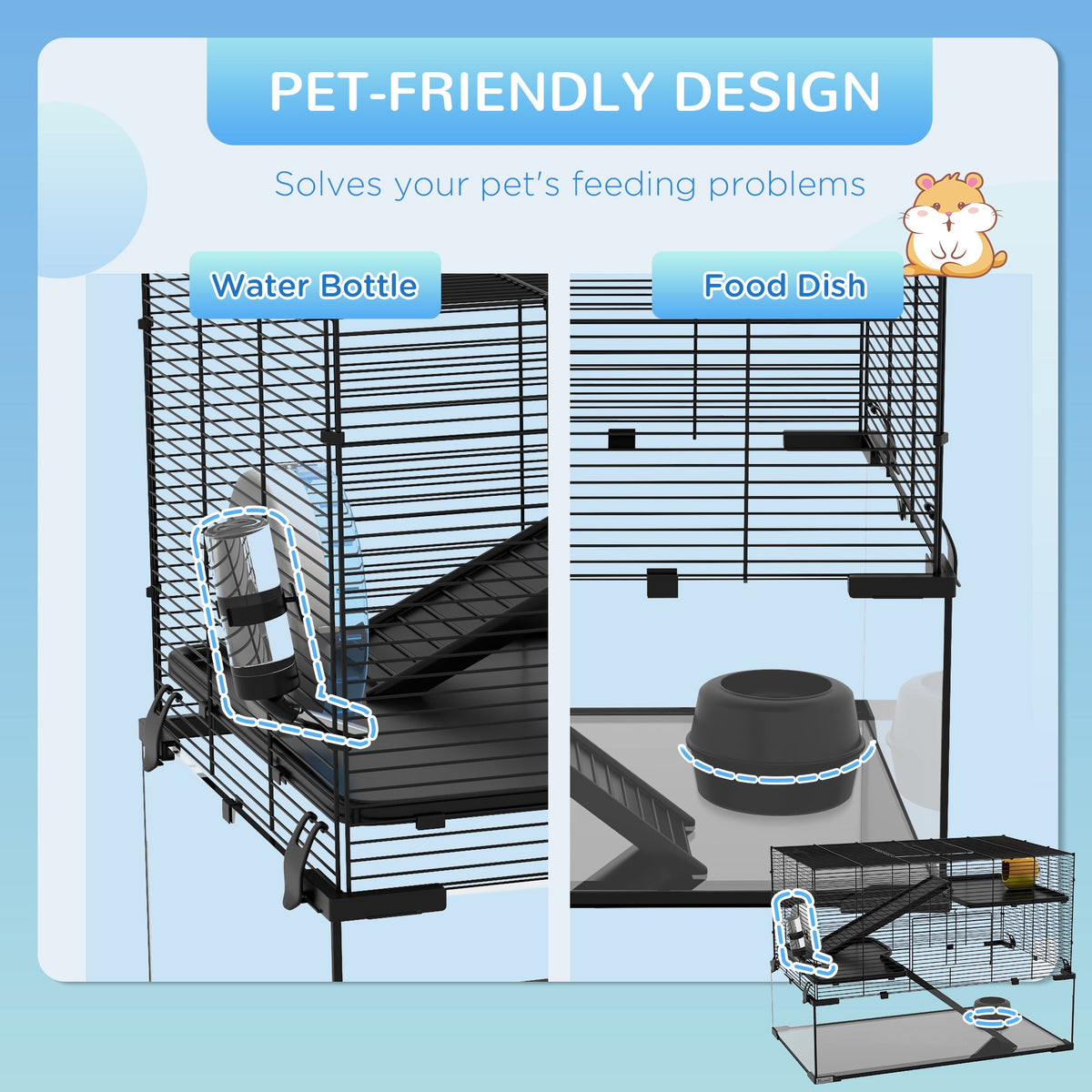 Hamster Cage, Gerbil Cage with Glass Basin for Small Hamsters, Black