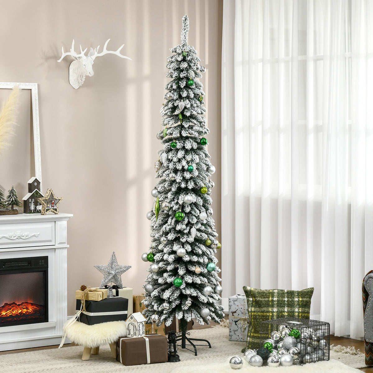 6 Ft Snow-Flocked Artificial Christmas Tree, Slim Pencil Xmas Tree with Realistic Branches, Metal Base, Green