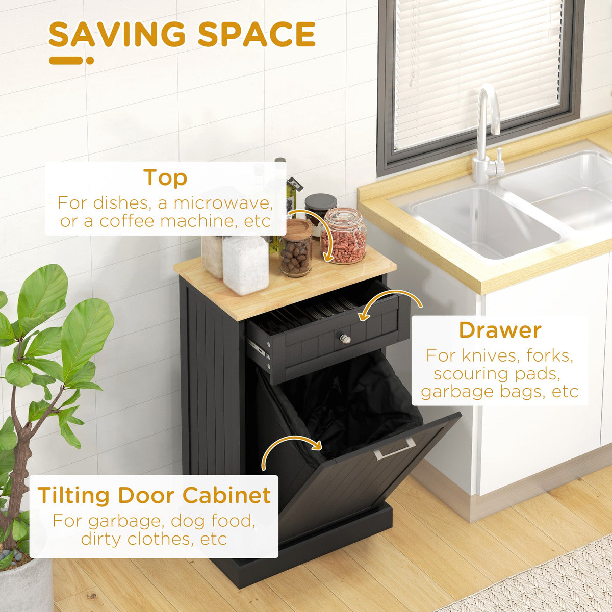 Kitchen Tilt Out Trash Bin Cabinet, Free Standing Recycling Cabinet, Trash Can Holder with Drawer, White