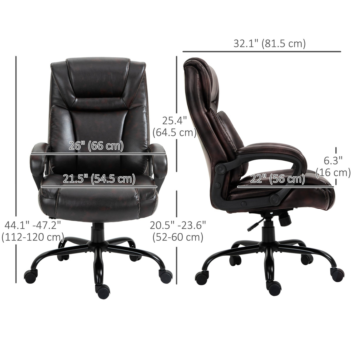 PU Leather Executive Office Chair with High Back, Adjustable Height and Swivel Wheels, 400LBS Capacity, Brown